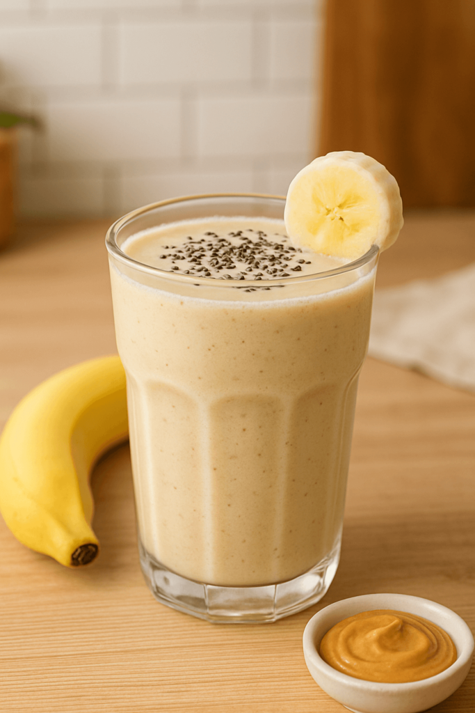 pré-treino - um copo de smoothie de banana com pasta de amendoim.