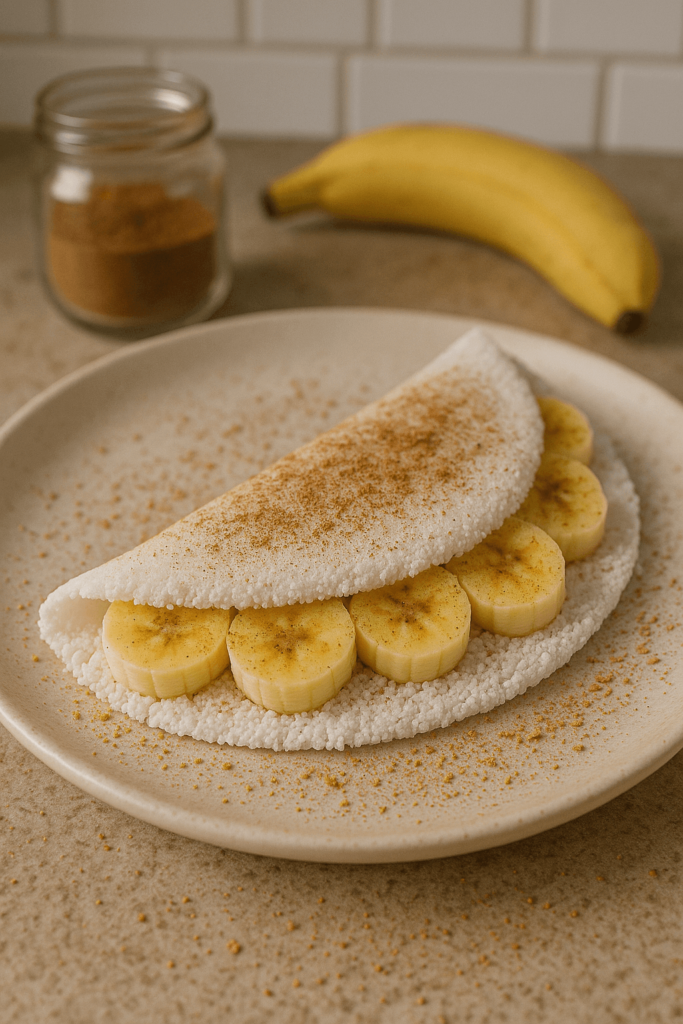 tapioca recheada com banana e aveia em um prato na mesa decorada com banana e um pote de canela para pré-treino