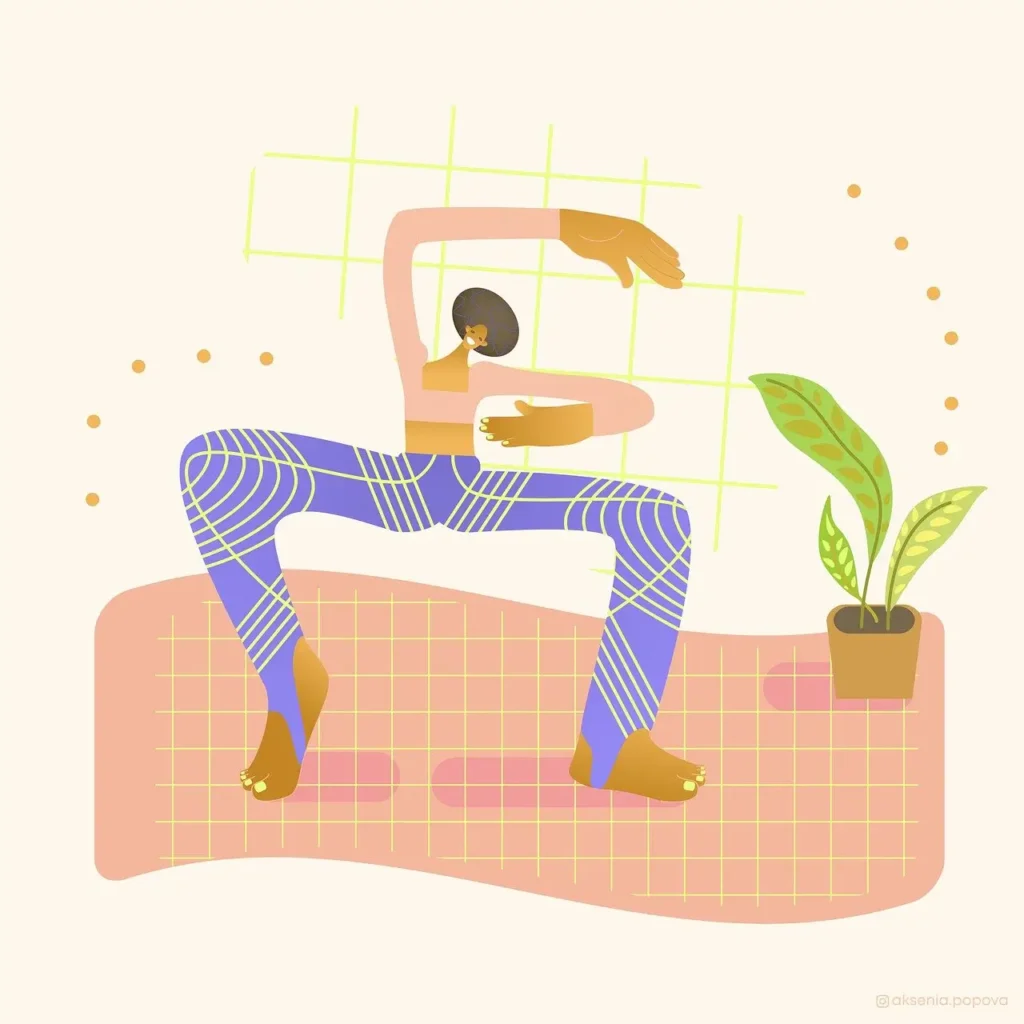 Ilustração de mulher feliz em roupas de academia fazendo alongamento e colhendo os benefícios mentais da musculação.
