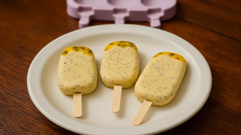 Sobremesa fit de picolés caseiros de banana com maracujá servidos em prato branco sobre uma mesa de madeira.